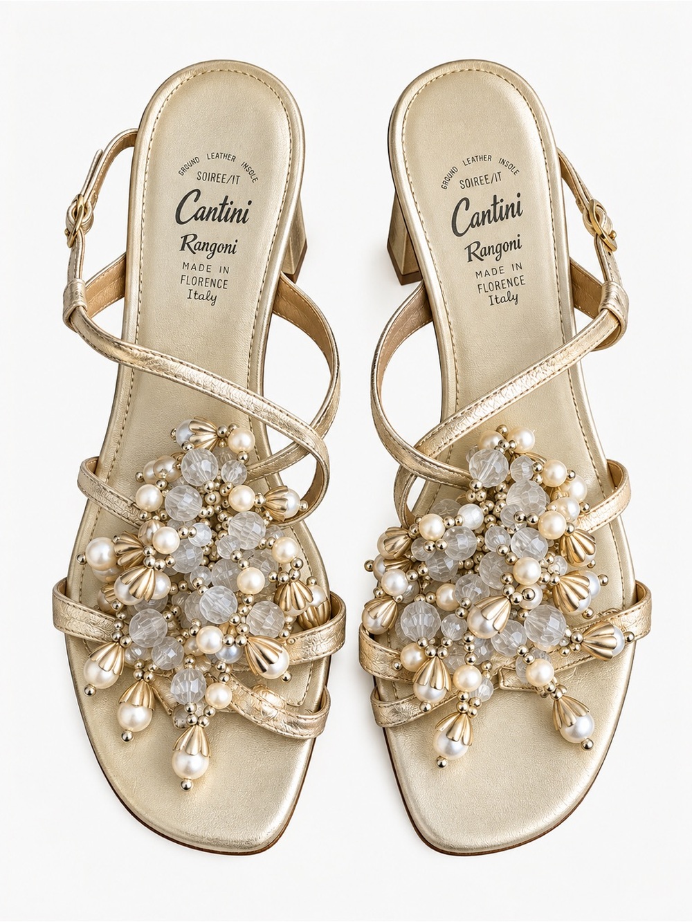 Vogue Shoe Salon Vintage Gold Beaded Pearl Low Block Heel Sandals Size 8.5